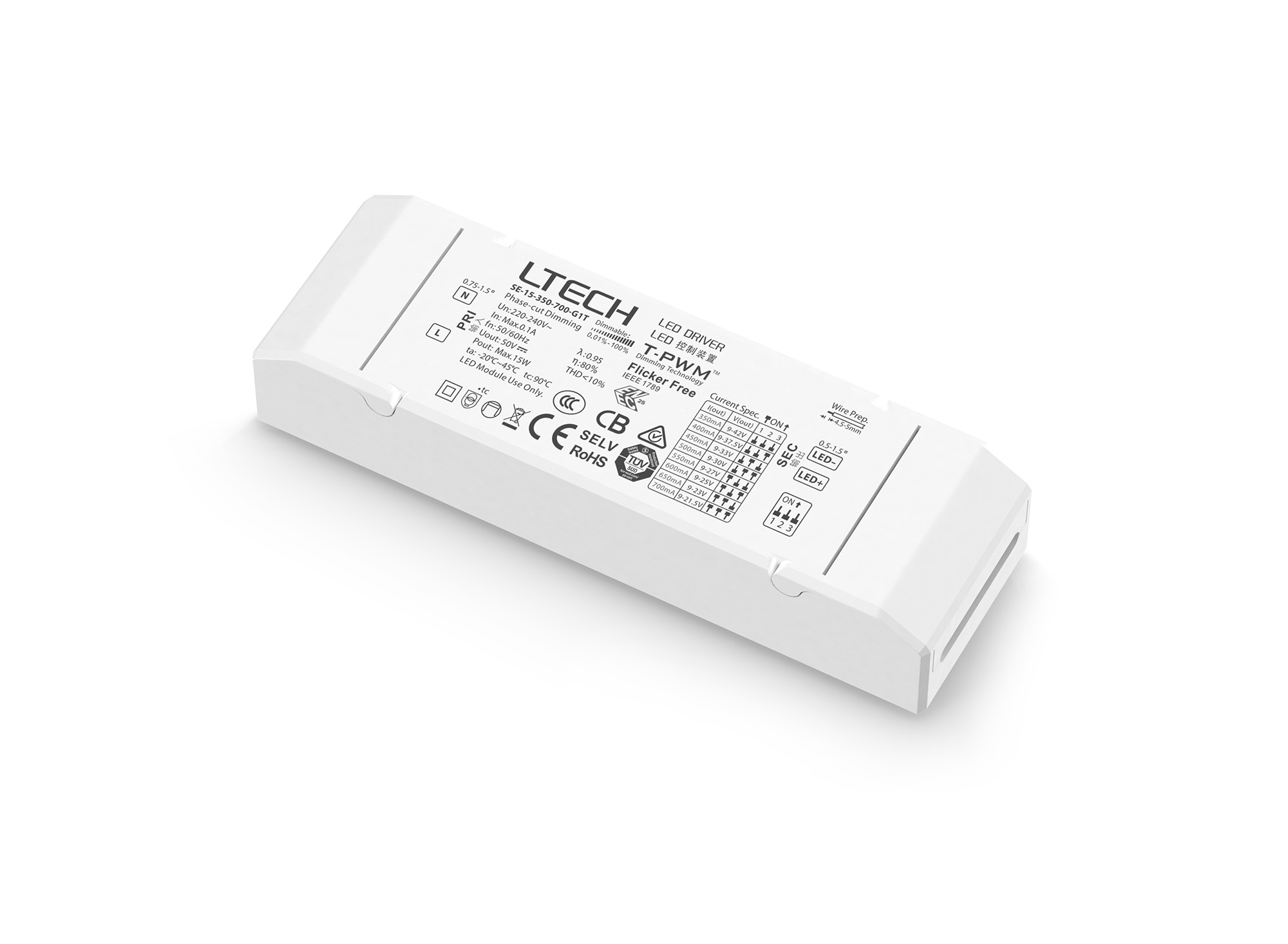 SE-15-350-700-G1T  Triac/ELV Push Dim PWM 15W Constant Current Dimmable Driver 45V 150-700mA; IP44.